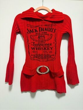 Jack Daniels Red Ribbed Cowl-Neck Sweater Tunic with Belt *no size tags